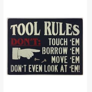 Sara's Signs "Tool Rules" Garage Wall wooden hand-painted sign 24"W x 6" H- NWOT